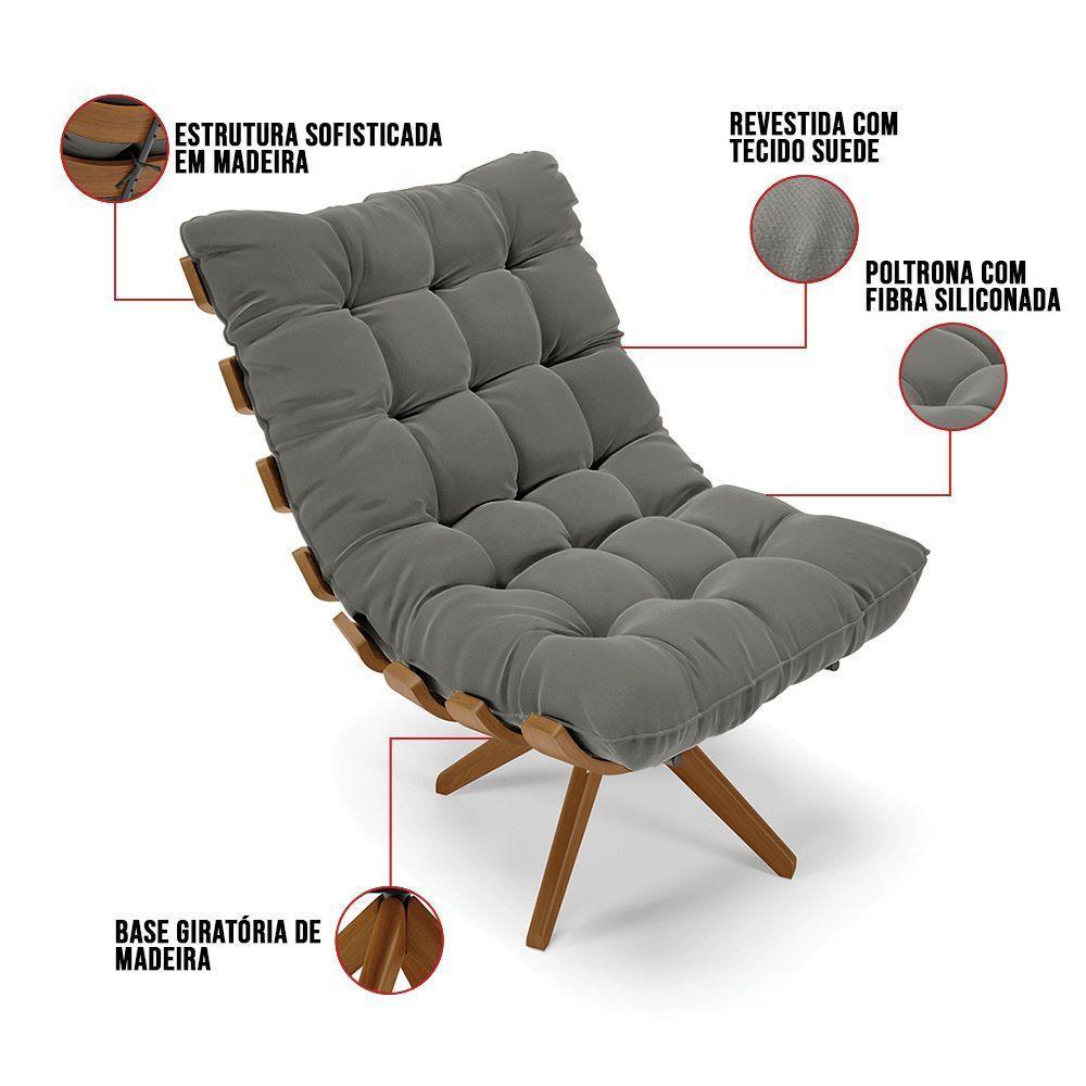 Kit 2 Poltronas Giratória Suede Grafite Base Madeira D'rossi - 3