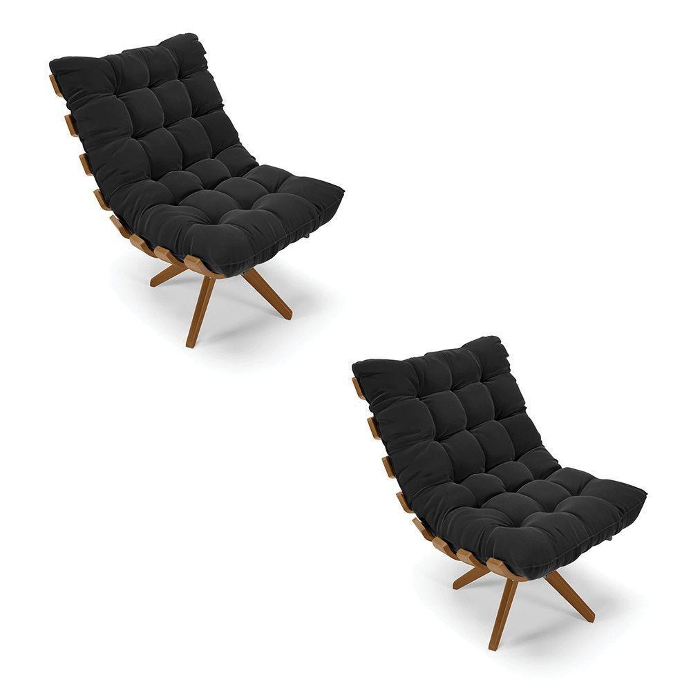 Kit 2 Poltronas Giratória Suede Preto Base Madeira - D'rossi - 1