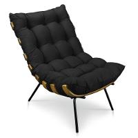 Kit Poltrona e Puff Costela Suede Base Metal Drossi Preto