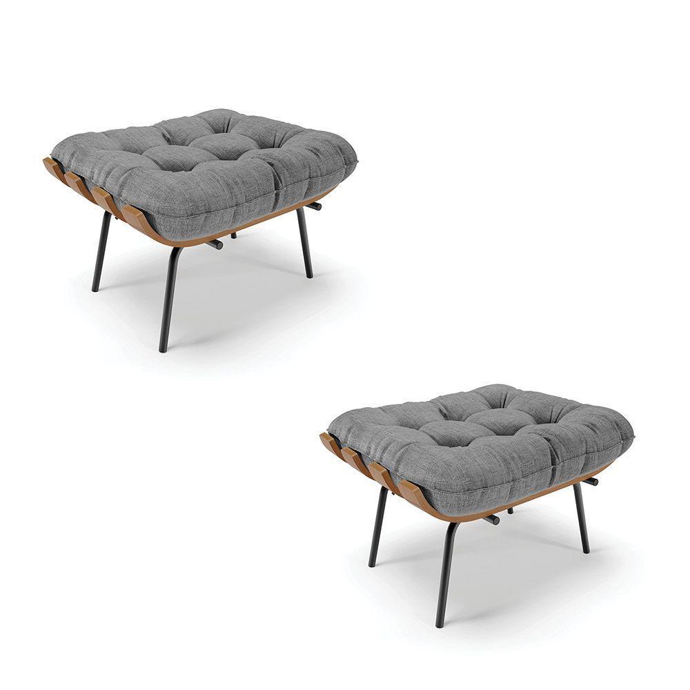 Kit 02 Puffs Costela Linho Grafite A26 Base Metálica Preto - 1