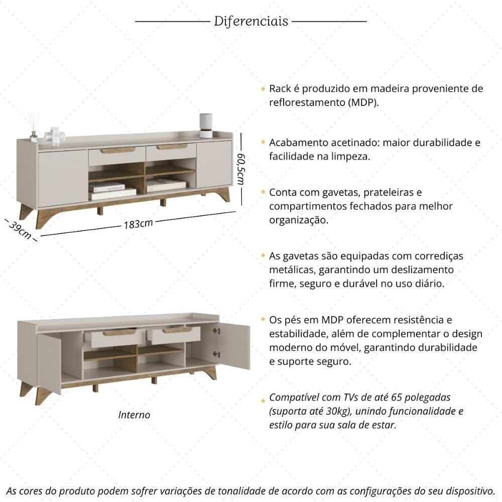 Rack Para TV Até 65 Polegadas Com 2 Portas E 2 Gavetas Multimóveis MP1101 Off White/madeirado - 3