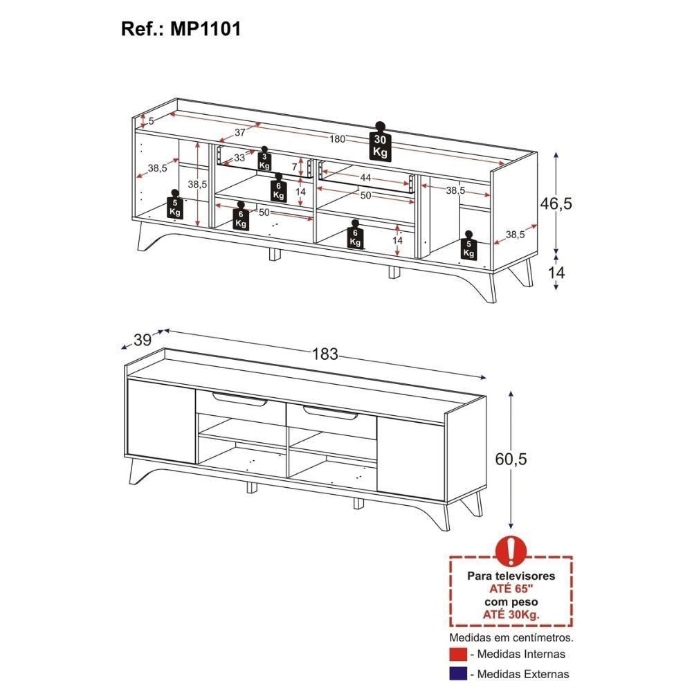 Rack Para TV Até 65 Polegadas Com 2 Portas E 2 Gavetas Multimóveis MP1101 Off White/madeirado - 7
