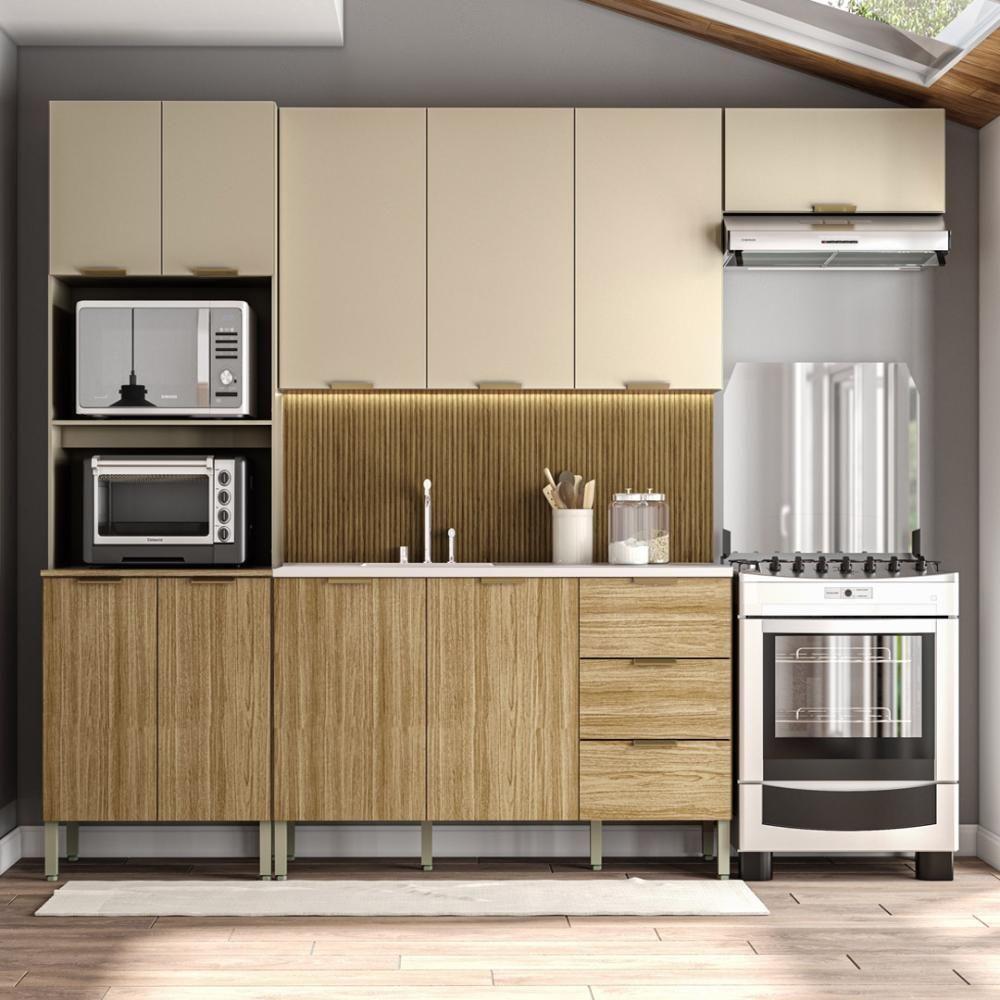 Armário De Cozinha Completa Com Balcão Para Pia 10 Portas Glam Freijó-vanilla-com Ripado - 1