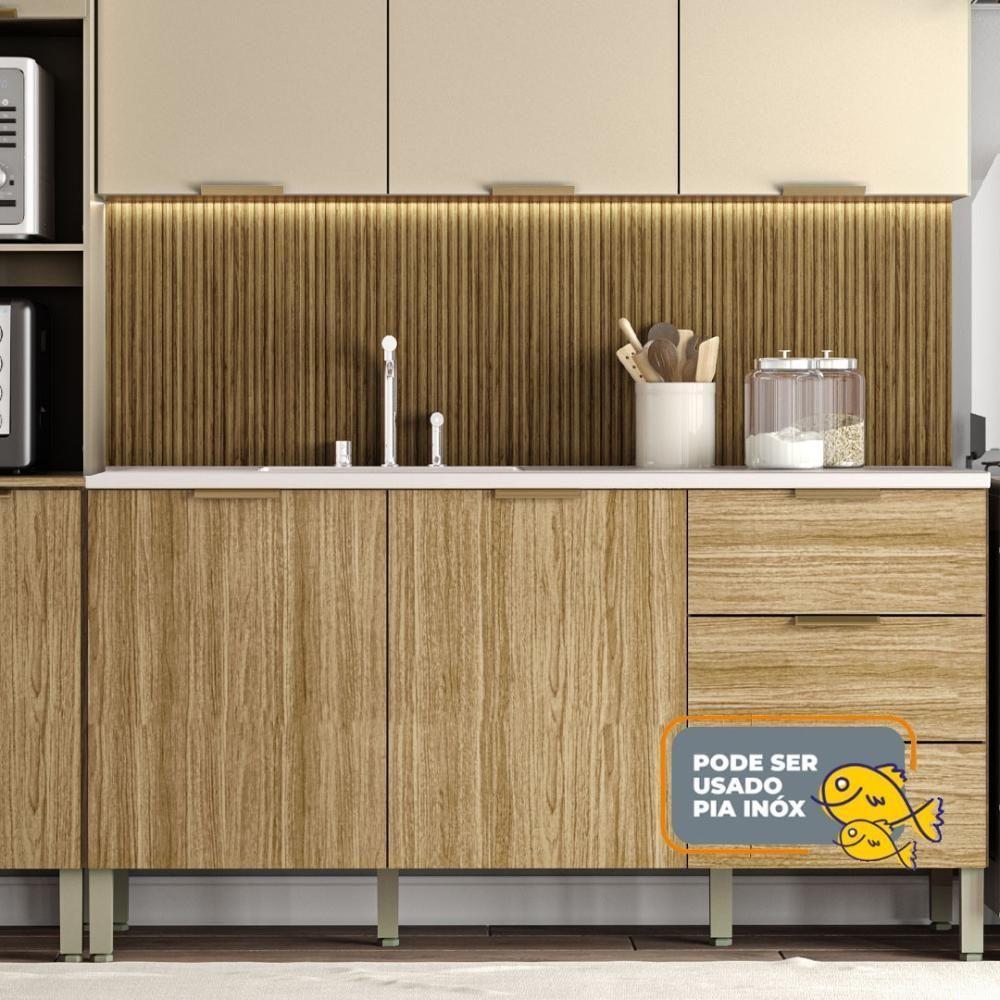 Armário De Cozinha Completa Com Balcão Para Pia 10 Portas Glam Freijó-vanilla-com Ripado - 6