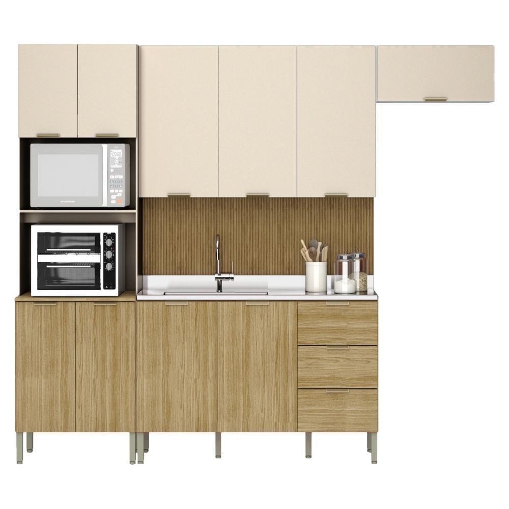 Armário De Cozinha Completa Com Balcão Para Pia 10 Portas Glam Freijó-vanilla-com Ripado - 10