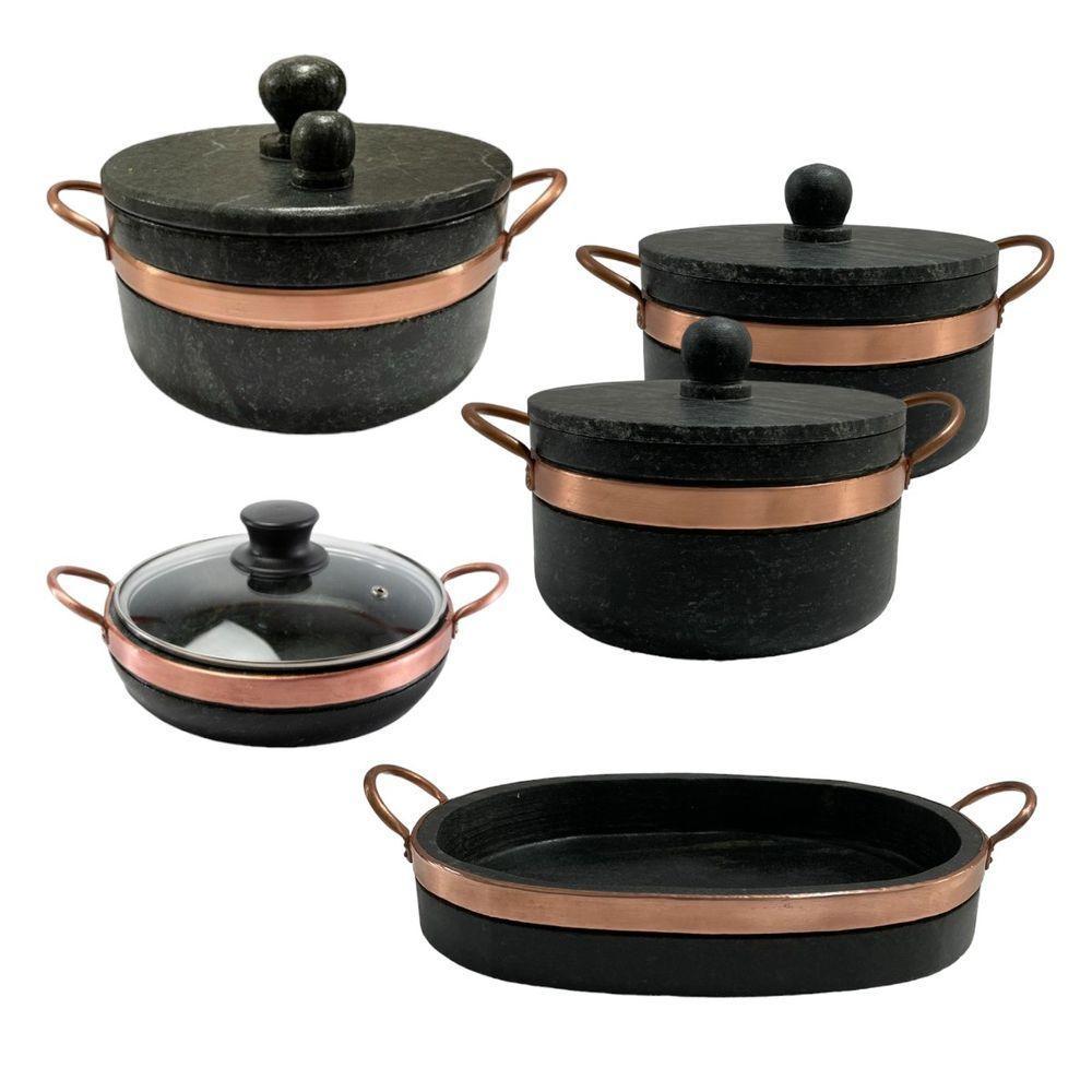 Jogo De Panelas Pedra Sabão 05 Peças - 1 Pressão 4 Litros, 2 Caçarola 3 Litros, Frigideira 20 Cm E Assadeira Grande - 1