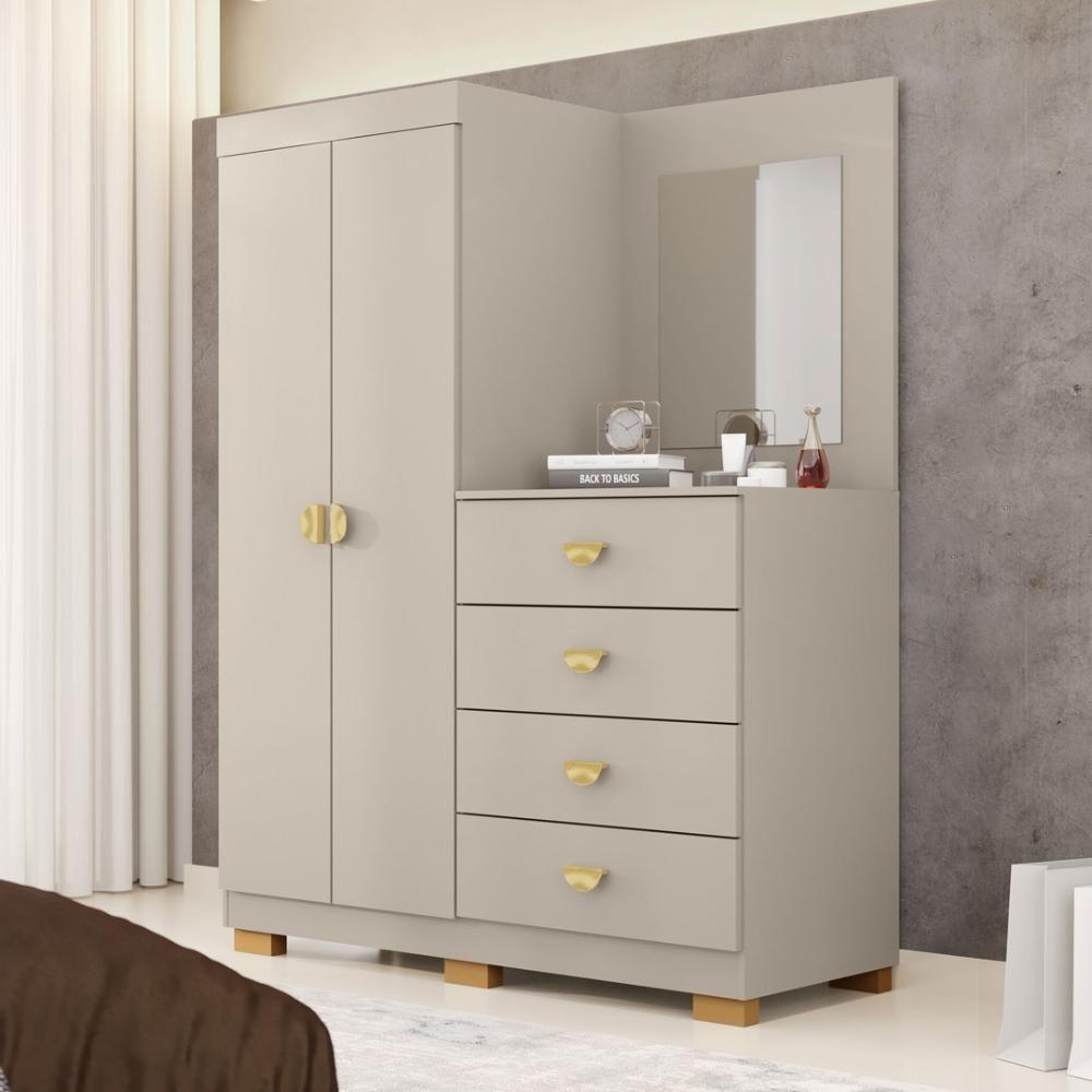 Cômoda Roupeiro Com Espelho 2 Portas 4 Gavetas Cristal - Fendi - 1