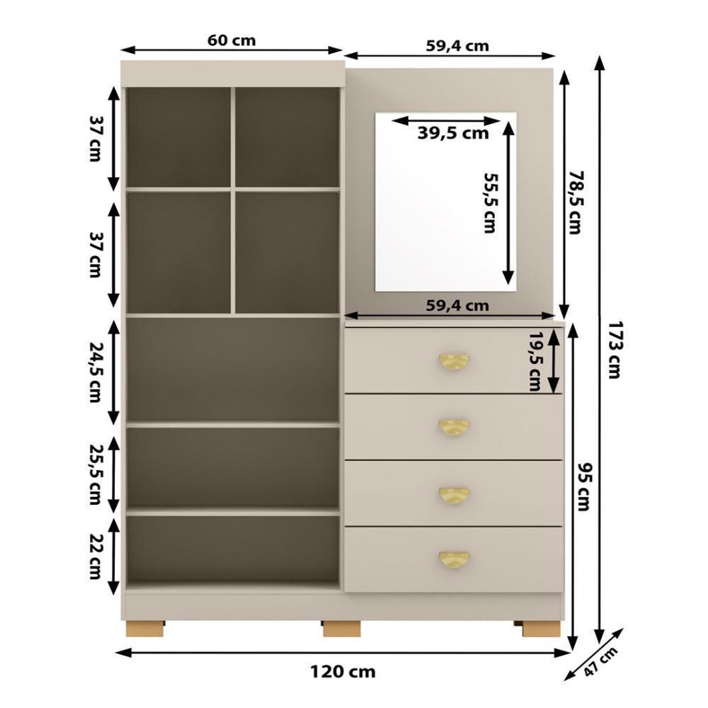 Cômoda Roupeiro Com Espelho 2 Portas 4 Gavetas Cristal - Fendi - 2