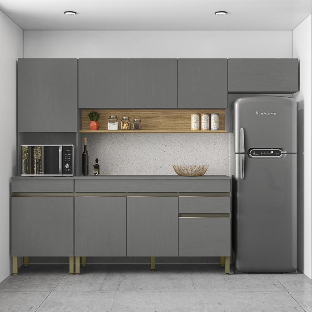 Armário De Cozinha Completa 150 Com Balcão Com Tampo 9 Portas Line Freijó-gris - 1