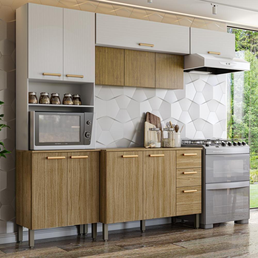 Armário De Cozinha Completa Com Balcão Com Tampo 12 Portas Urbane Freijó-supremo-com Ripado - 1