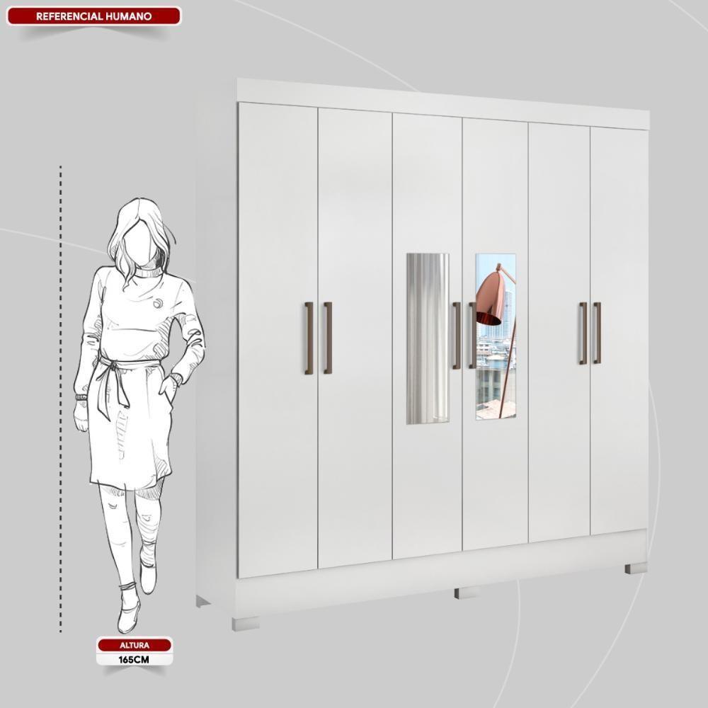Guarda Roupa Casal 6 Portas Com Espelho E 3 Gavetas Prático Branco - 2