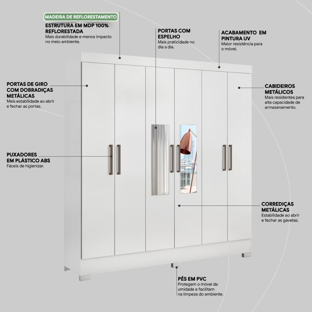 Guarda Roupa Casal 6 Portas Com Espelho E 3 Gavetas Prático Branco - 3