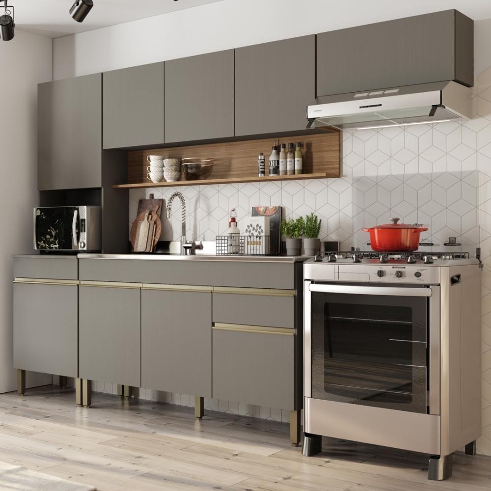 Armário De Cozinha Completa 150 Com Balcão Para Pia 9 Portas Line Freijó-gris - 1