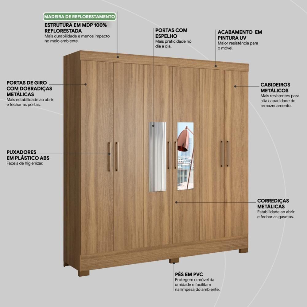 Guarda Roupa Casal 6 Portas Com Espelho E 3 Gavetas Prático Amêndola Touch - 9