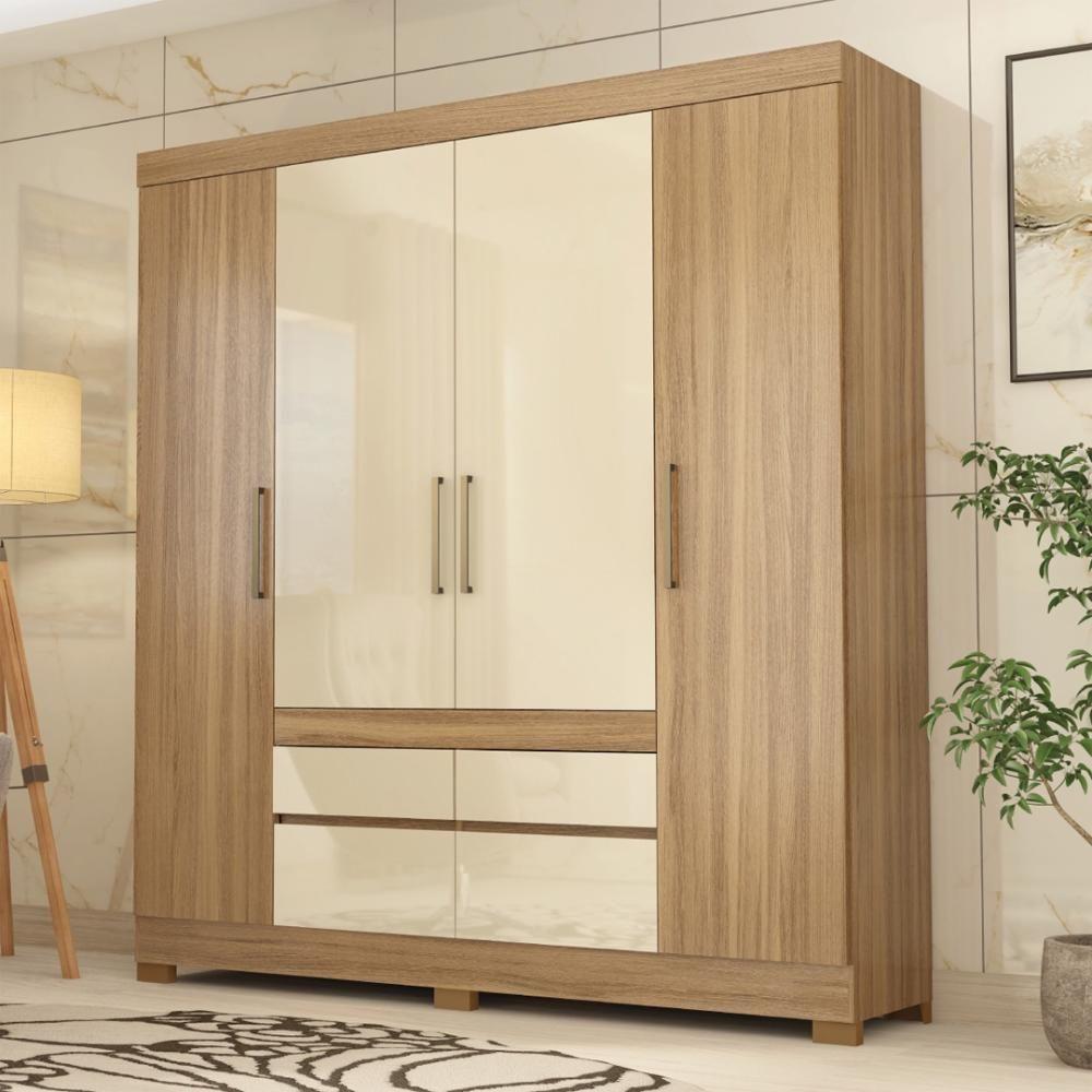 Guarda Roupa Casal 4 Portas E 4 Gavetas Bilbao Amêndola Touch-off White - 1