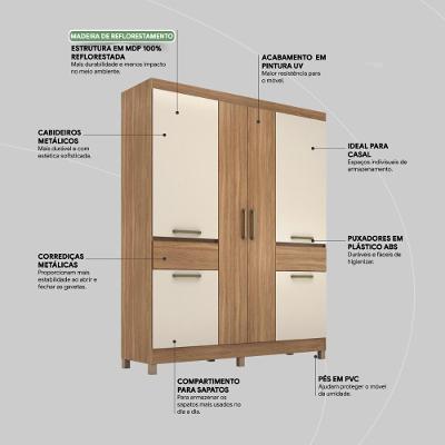 Guarda Roupa Casal Mauá 6 Portas de Bater 2 Gavetas Amêndola Touch-Off White