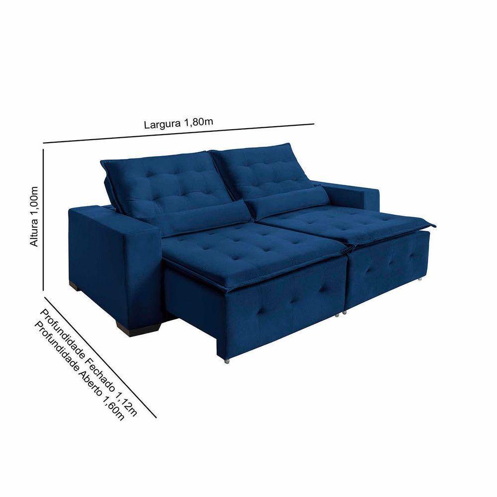 Sofá Spazzio 3 Lugares 1,80cm Retrátil E Reclinável - De Casa Décor E Estofados Azul - 3