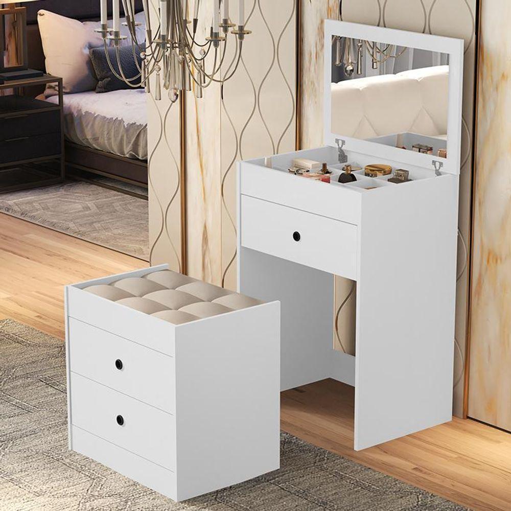 Penteadeira Olivia 3 Gavetas Banqueta Embutida Com Rodizios Branco Branco - 1