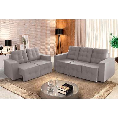 Sofá Veneza 5 Lugares, Conjunto 3e2 - Retrátil - De Casa Décor E Estofados Cinza Claro