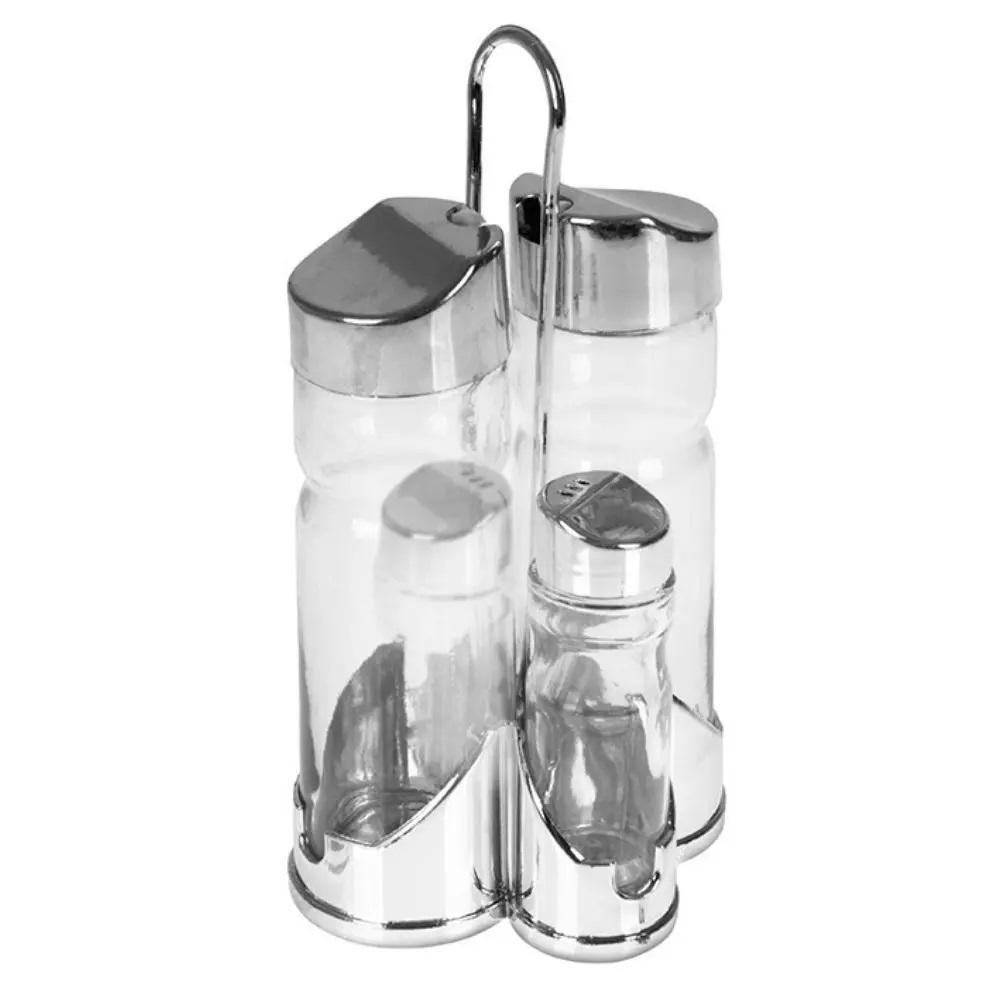 Galheteiro Vidro De Mesa 5 Pecas Suporte Kit Azeite Vinagre Sal Tempero Cozinha Bar Restaurante Portatil Cromado - 1