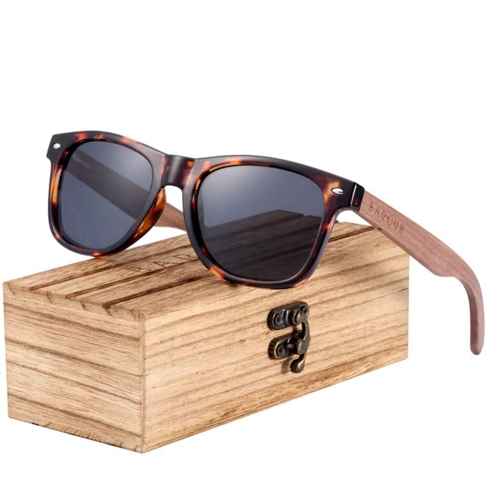 Óculos De Sol Polarizados Quadrado Hastes De Madeira Proteção Uv400 Mesclado - 1