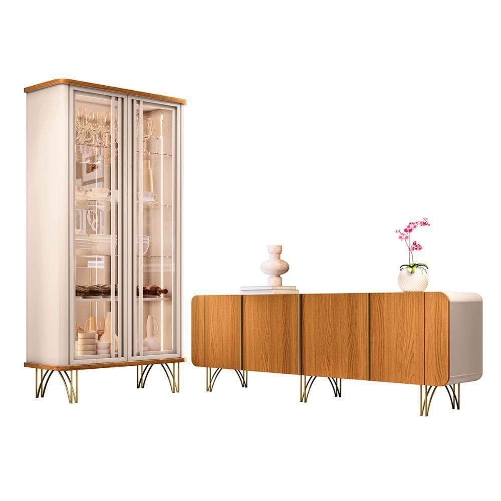 Kit De Aparador Buffet Saluti E Cristaleira Evora Pés De Aço Off White/Cinamomo - 2