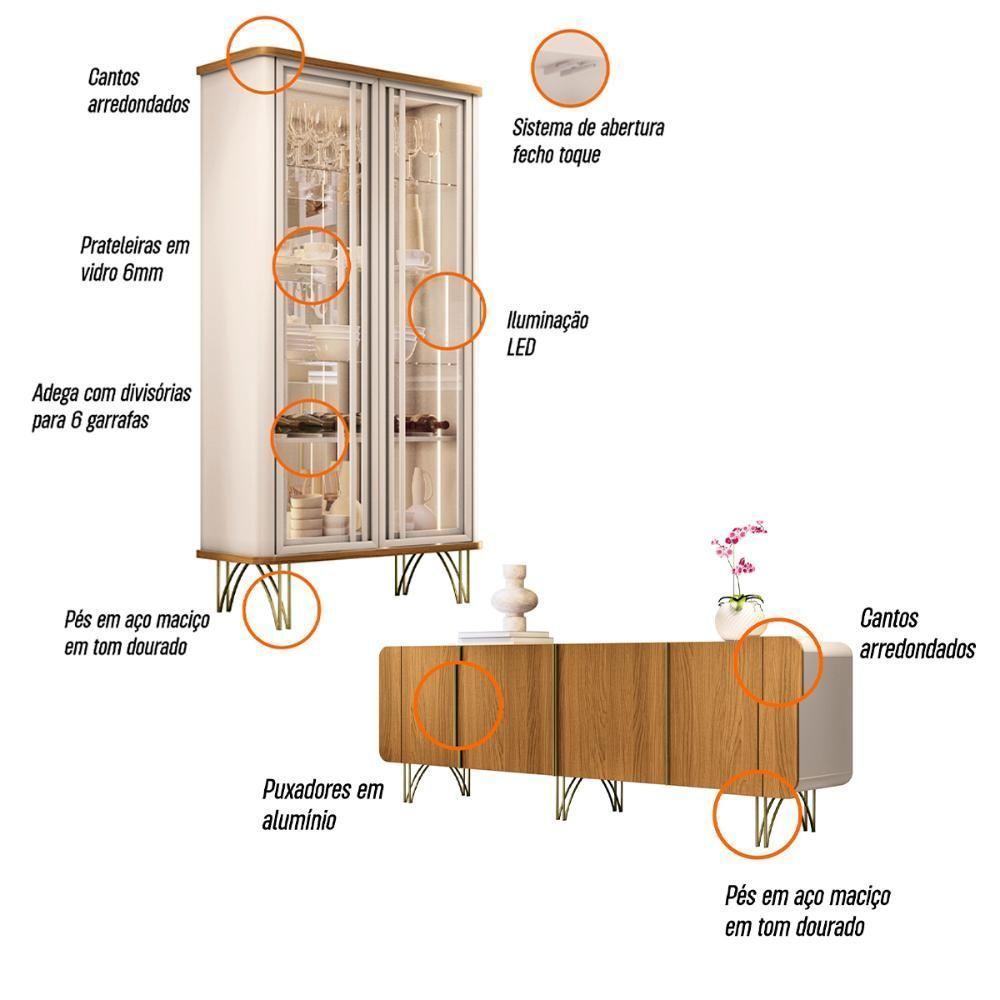 Kit De Aparador Buffet Saluti E Cristaleira Evora Pés De Aço Off White/Cinamomo - 3