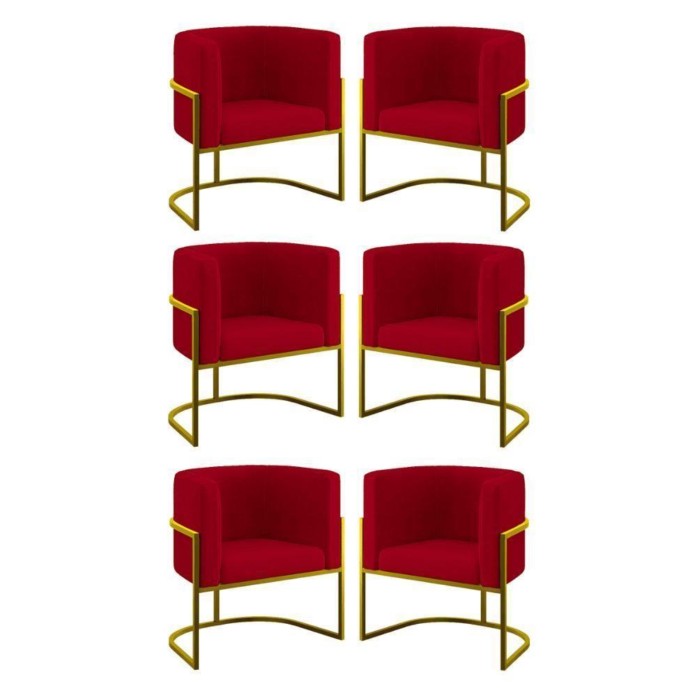 Kit 06 Poltronas Lua Sala Decorativa Base De Ferro Gold Vermelho - 1