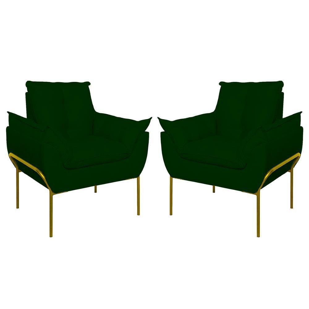 Kit 02 Poltronas Base Metal Dourada Sala Quarto Balaqui Decor Verde - 1