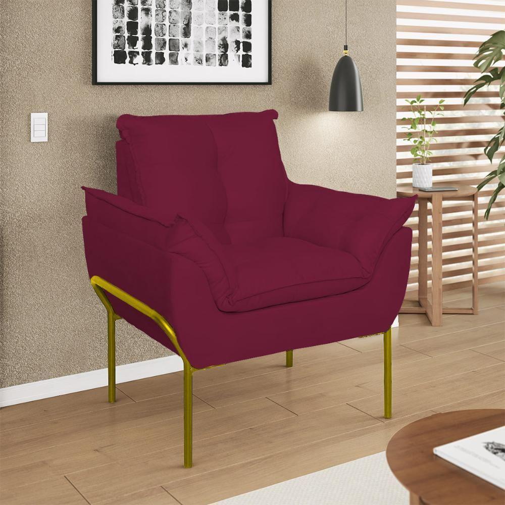 Kit 02 Poltronas Base Metal Dourada Sala Quarto Balaqui Decor Marsala - 3