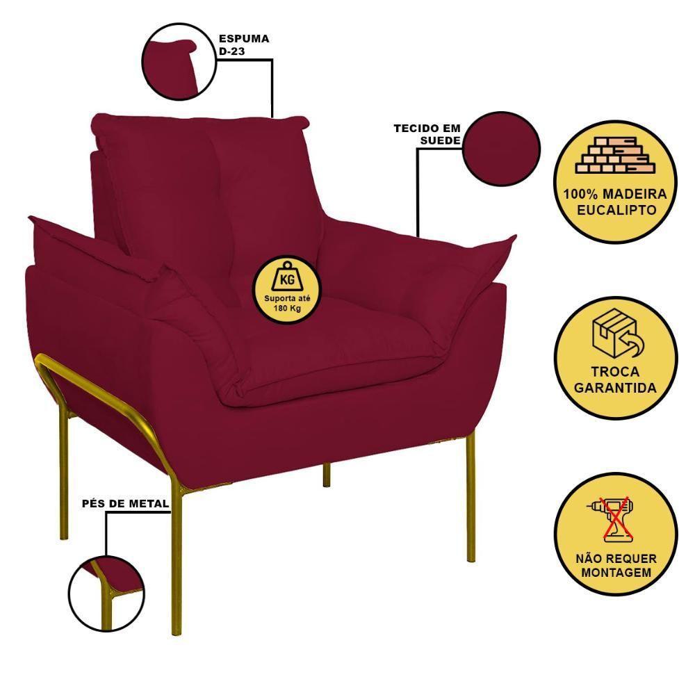 Kit 02 Poltronas Base Metal Dourada Sala Quarto Balaqui Decor Marsala - 4