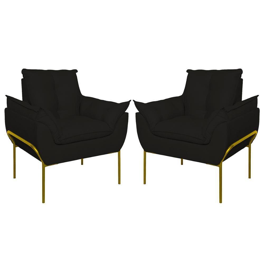 Kit 02 Poltronas Base Metal Dourada Sala Quarto Balaqui Decor Preto - 1