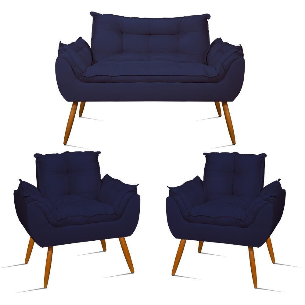 Kit Namoradeira Opala + 2 Poltronas Para Sala Balaqui Decor Azul Marinho - 1