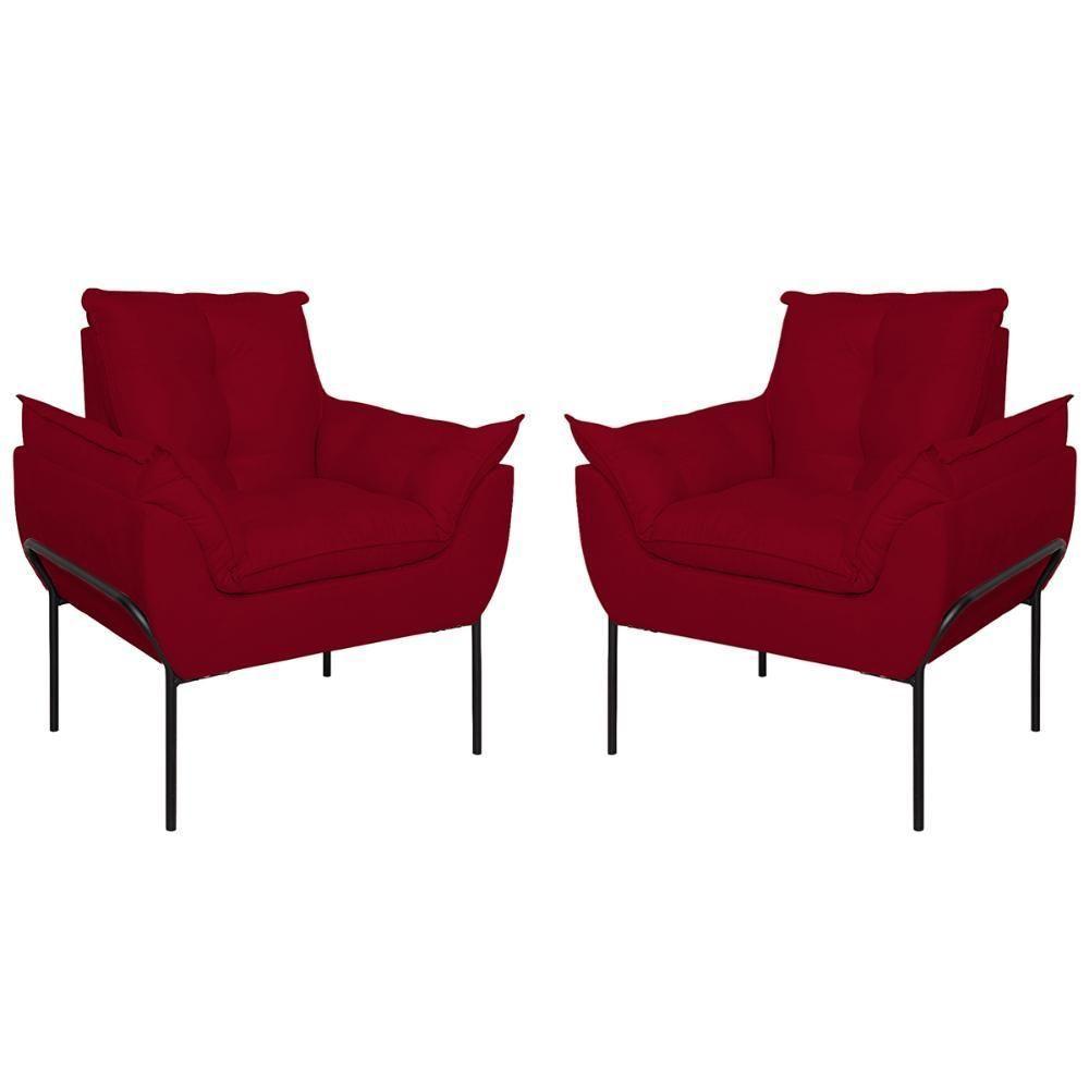 Kit 02 Poltronas Base Metal Preto Sala Quarto Balaqui Decor Vermelho - 1