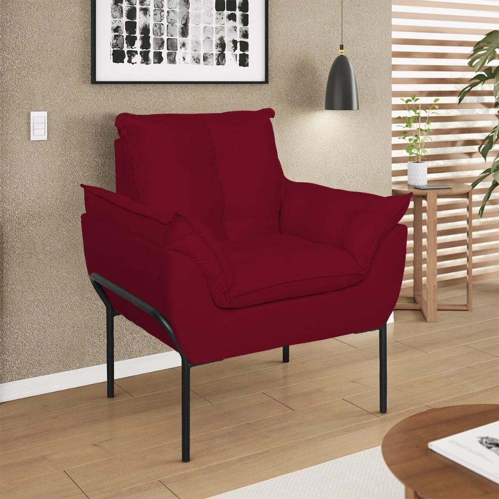 Kit 02 Poltronas Base Metal Preto Sala Quarto Balaqui Decor Vermelho - 3