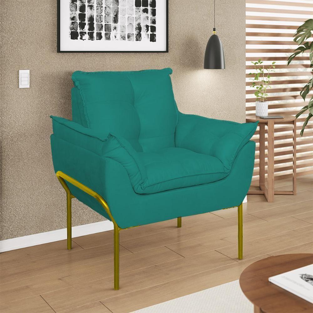 Kit 02 Poltronas Base Metal Dourado Sala, Quarto Escritório Azul Turquesa - 2