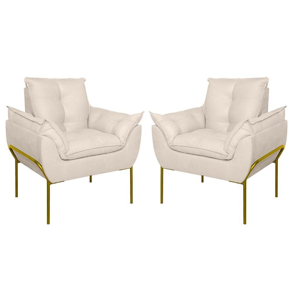Kit 02 Poltronas Base Metal Dourada Sala Quarto Balaqui Decor Bege - 1
