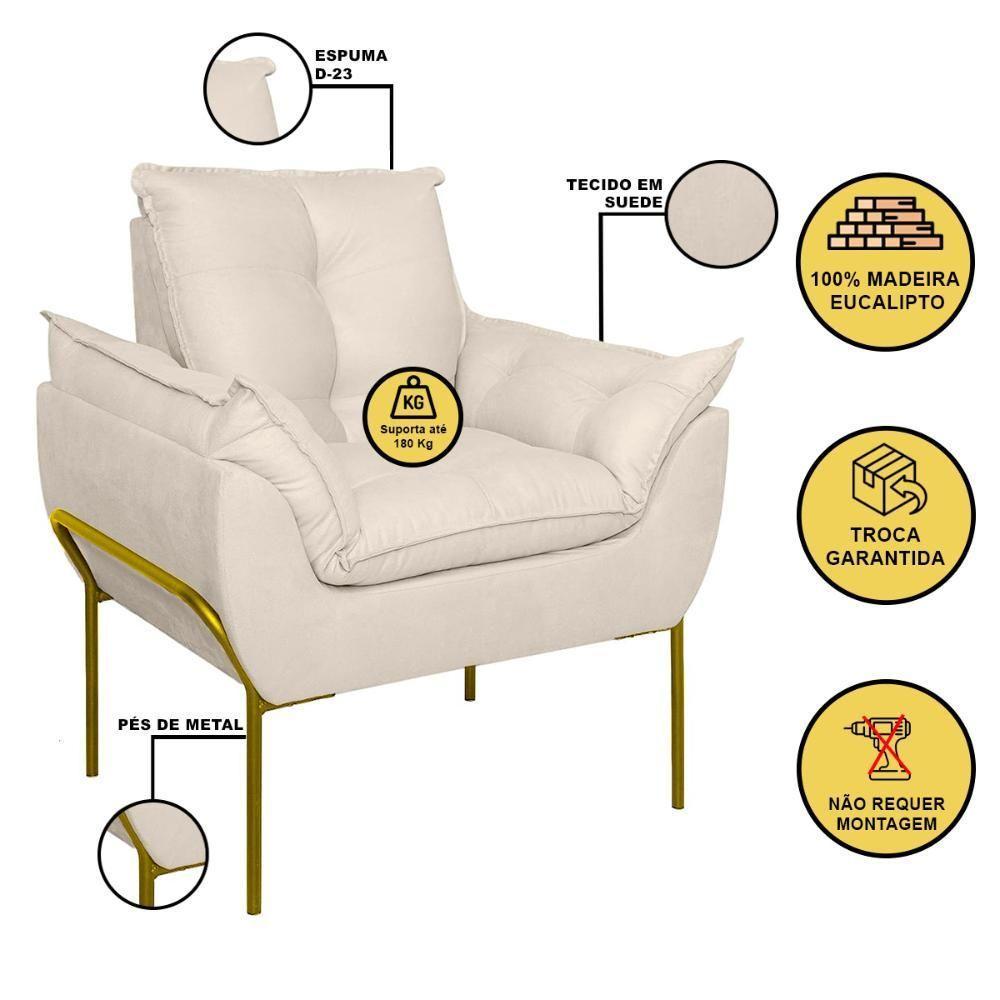 Kit 02 Poltronas Base Metal Dourada Sala Quarto Balaqui Decor Bege - 5