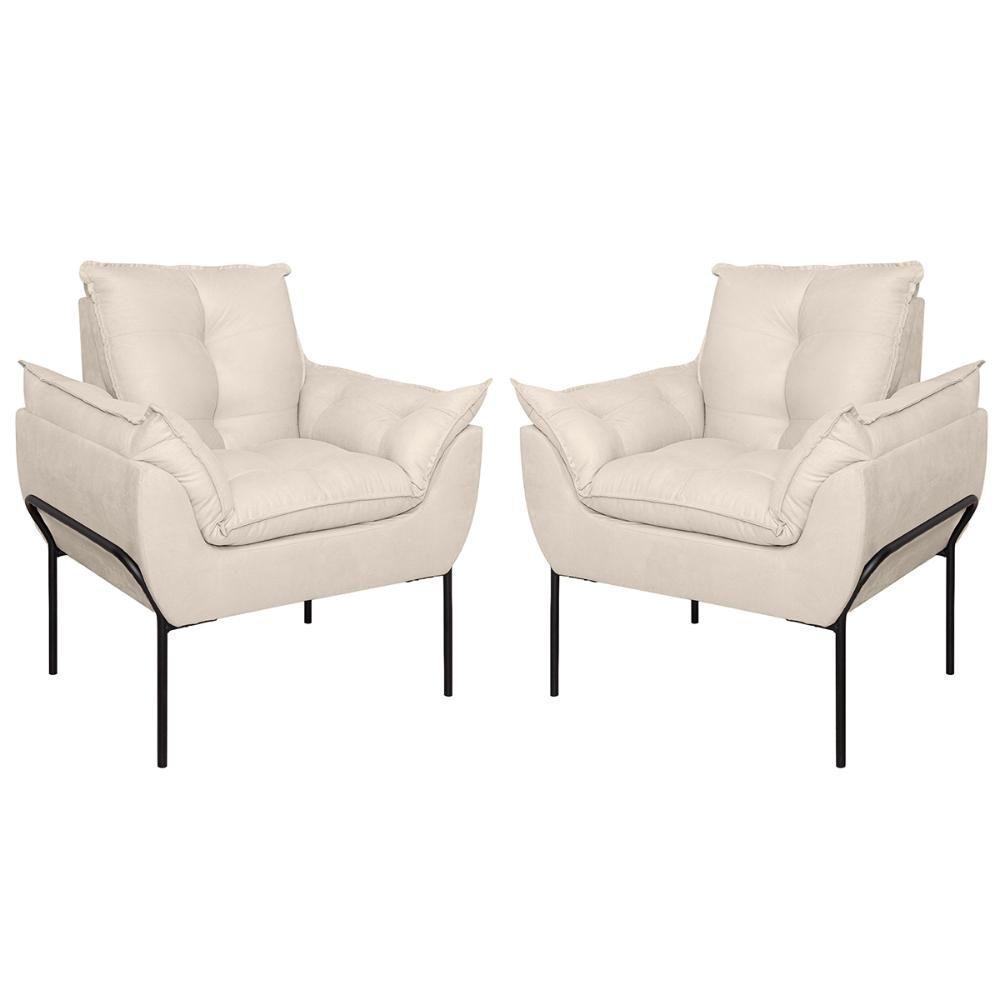 Kit 02 Poltronas Base Metal Preto Sala Quarto Balaqui Decor Bege - 1