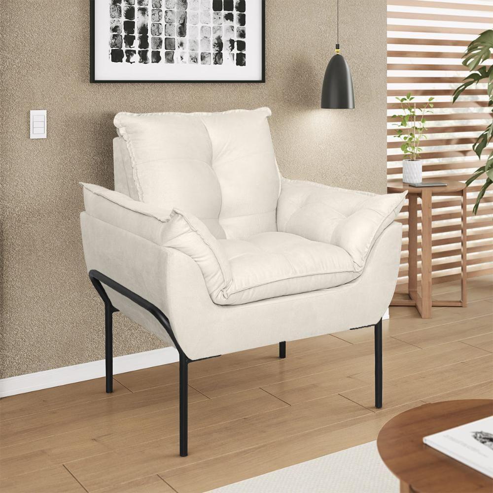 Kit 02 Poltronas Base Metal Preto Sala Quarto Balaqui Decor Bege - 4