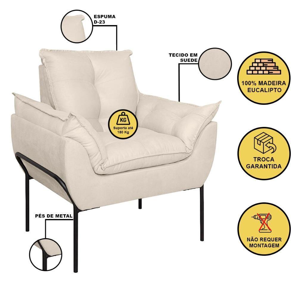 Kit 02 Poltronas Base Metal Preto Sala Quarto Balaqui Decor Bege - 5