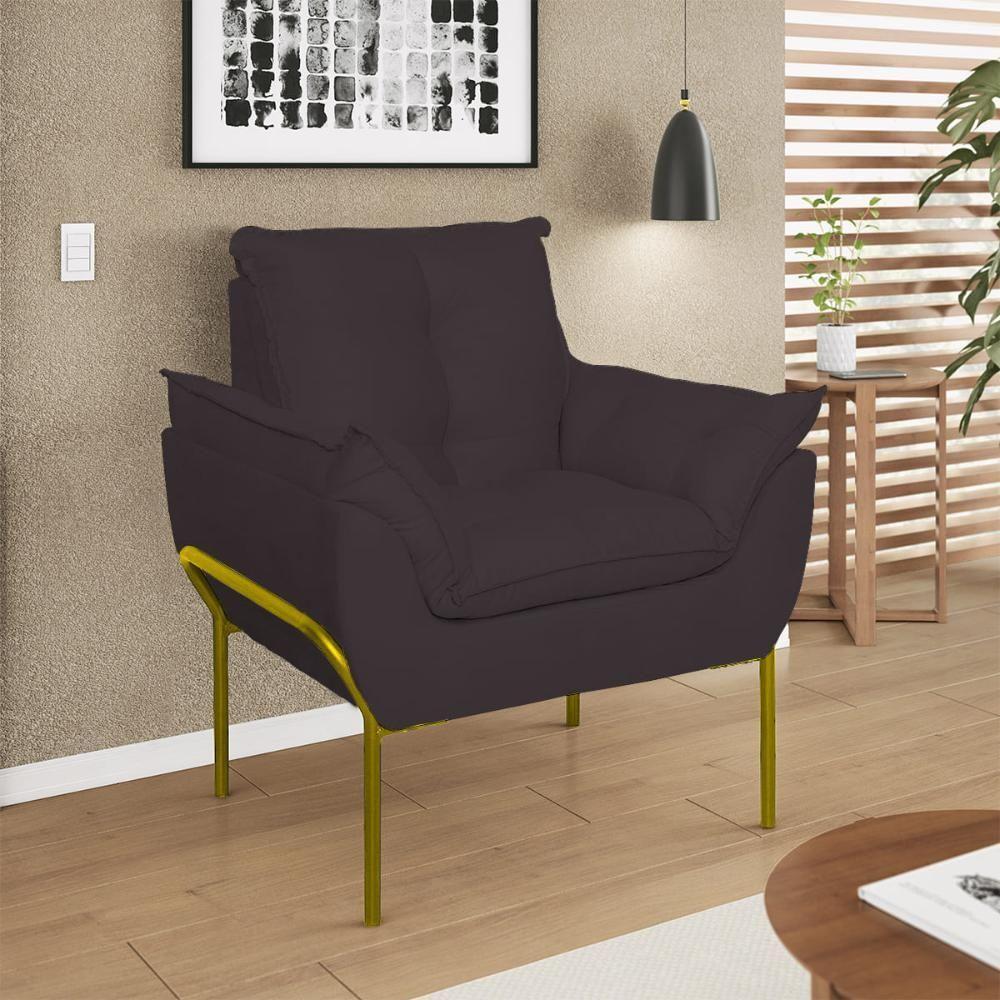 Kit 02 Poltronas Base Metal Dourada Sala Quarto Balaqui Decor Cinza - 3