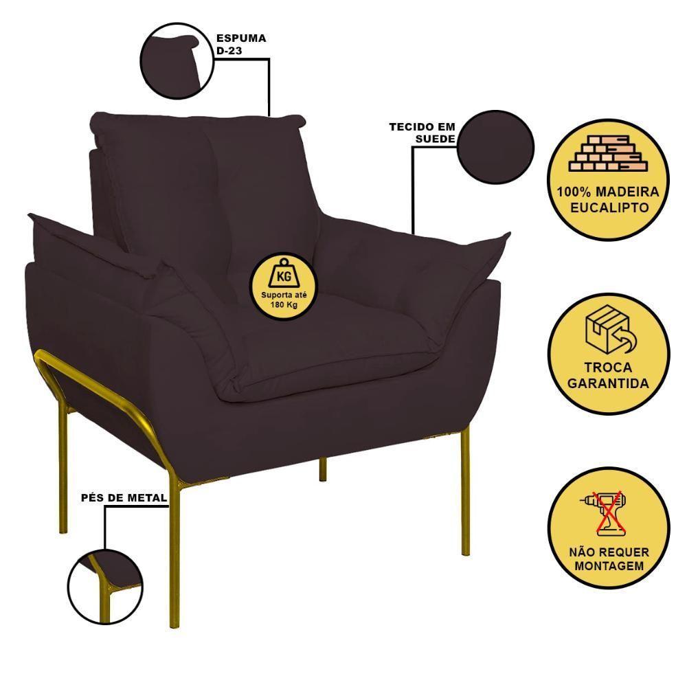 Kit 02 Poltronas Base Metal Dourada Sala Quarto Balaqui Decor Cinza - 5