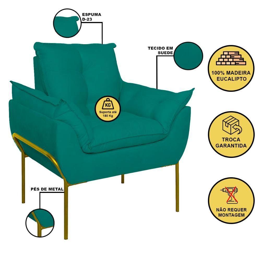 Kit 02 Poltronas Base Metal Dourada Sala Quarto Balaqui Decor Azul Turquesa - 5