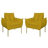Kit 02 Poltronas Base Metal Dourada Sala Quarto Balaqui Decor Amarelo - 1