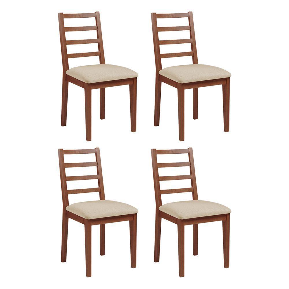 Kit 4 Cadeiras De Jantar Em Madeira Maciça Aline Estofado Linho Bege - Imbuia - Marrom - 1