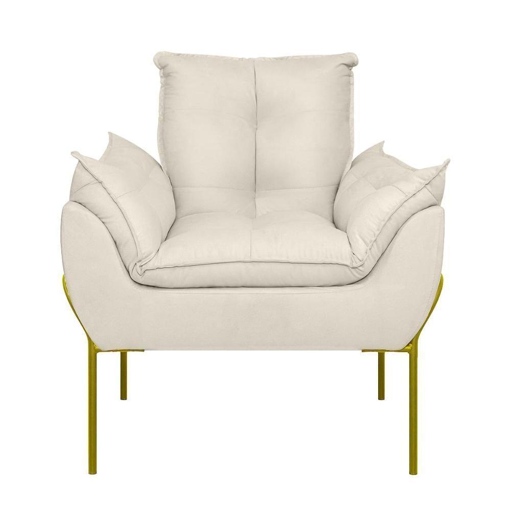Kit 02 Poltronas Base Metal Dourado Sala, Quarto Escritório Bege - 4