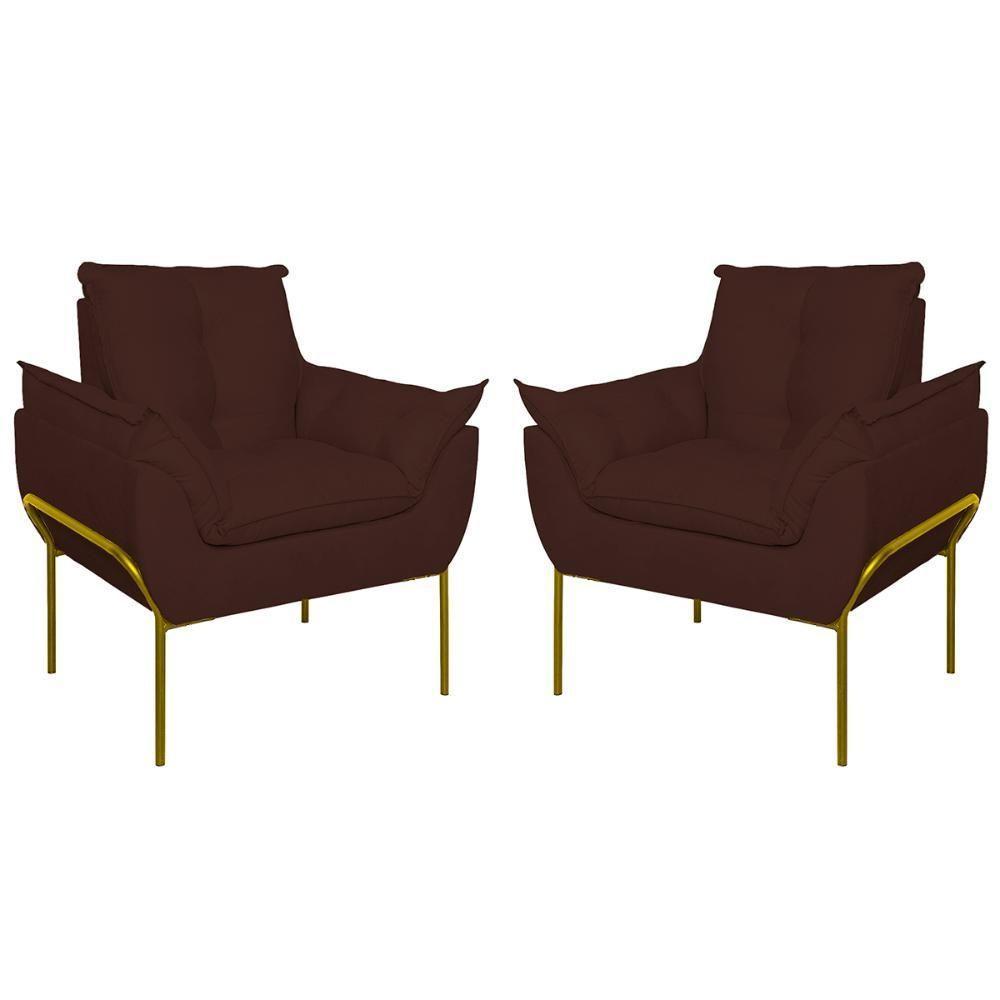 Kit 02 Poltronas Base Metal Dourado Sala, Quarto Escritório Marrom - 1