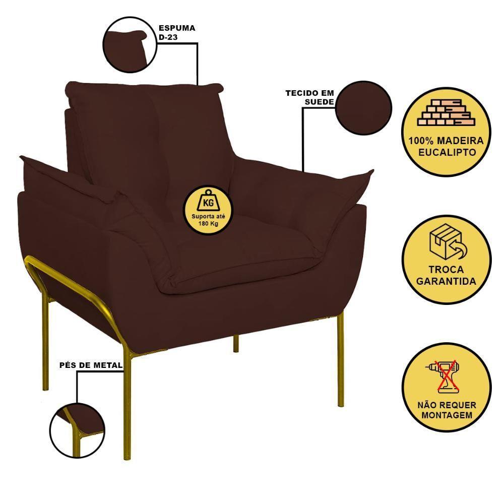 Kit 02 Poltronas Base Metal Dourado Sala, Quarto Escritório Marrom - 4