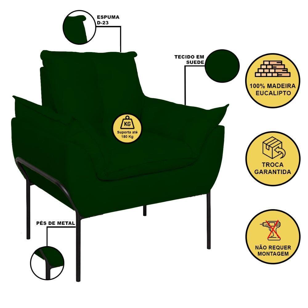 Kit 02 Poltronas Base Metal Preto Sala, Quarto Escritório Verde - 5